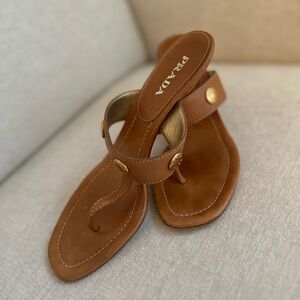 PRADA Brown Leather Thong Heel Sandals with Gold Accents